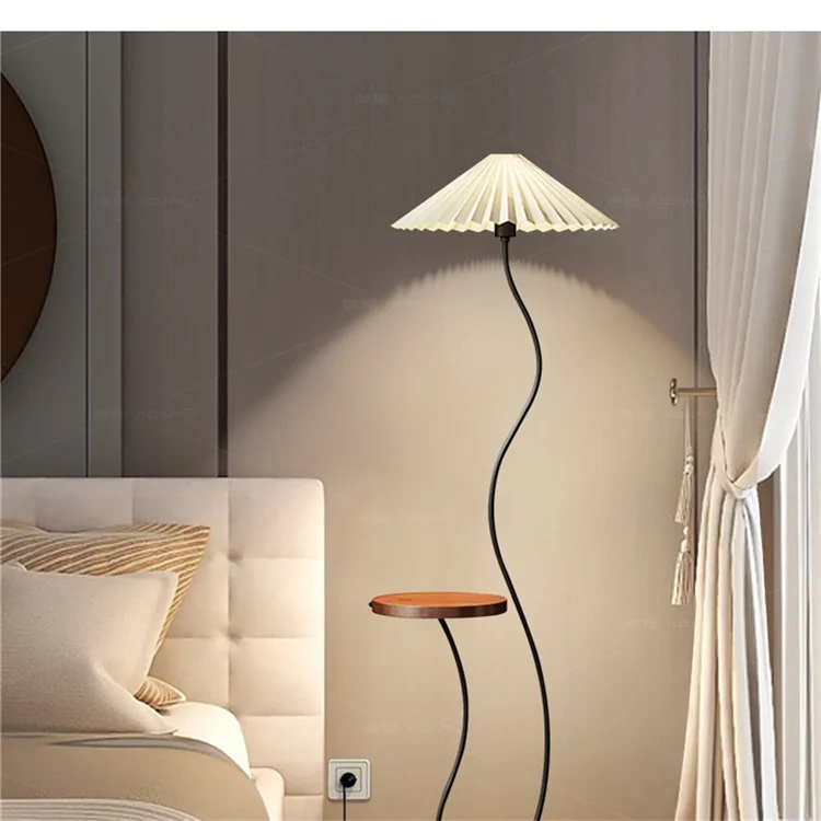 Floor Lamp with Integrated Storage Shelf Phone Wireless Charging Three Color Dimming Sofa Bed Side Light, EU Plug - Black
