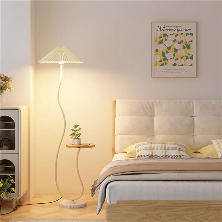 Floor Lamp with Integrated Storage Shelf Phone Wireless Charging Three Color Dimming Sofa Bed Side Light, EU Plug - Black