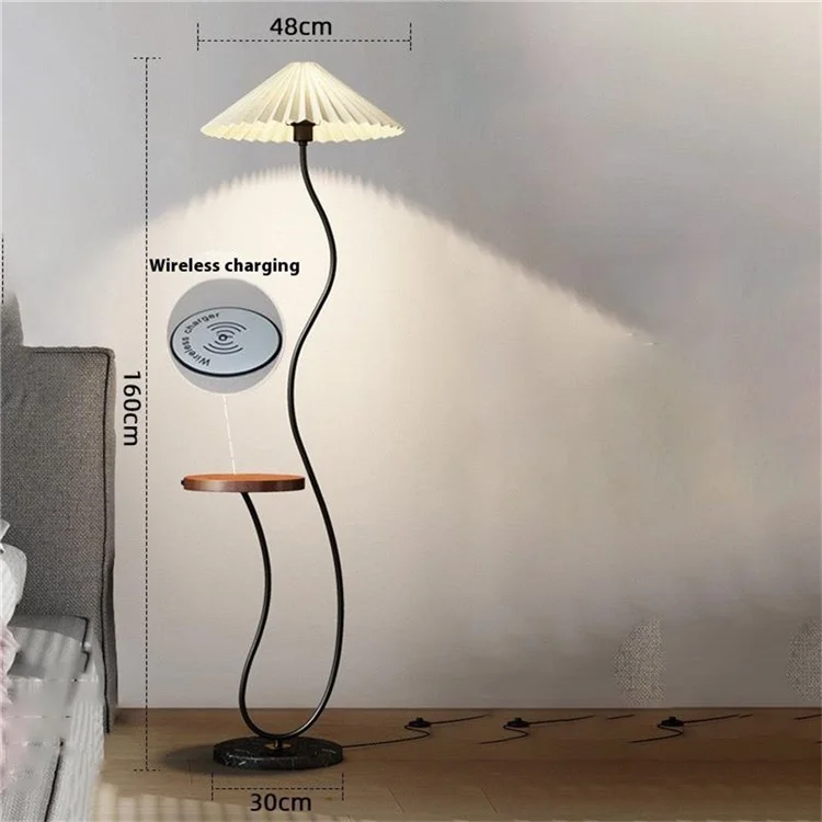 Floor Lamp with Integrated Storage Shelf Phone Wireless Charging Three Color Dimming Sofa Bed Side Light, EU Plug - Black
