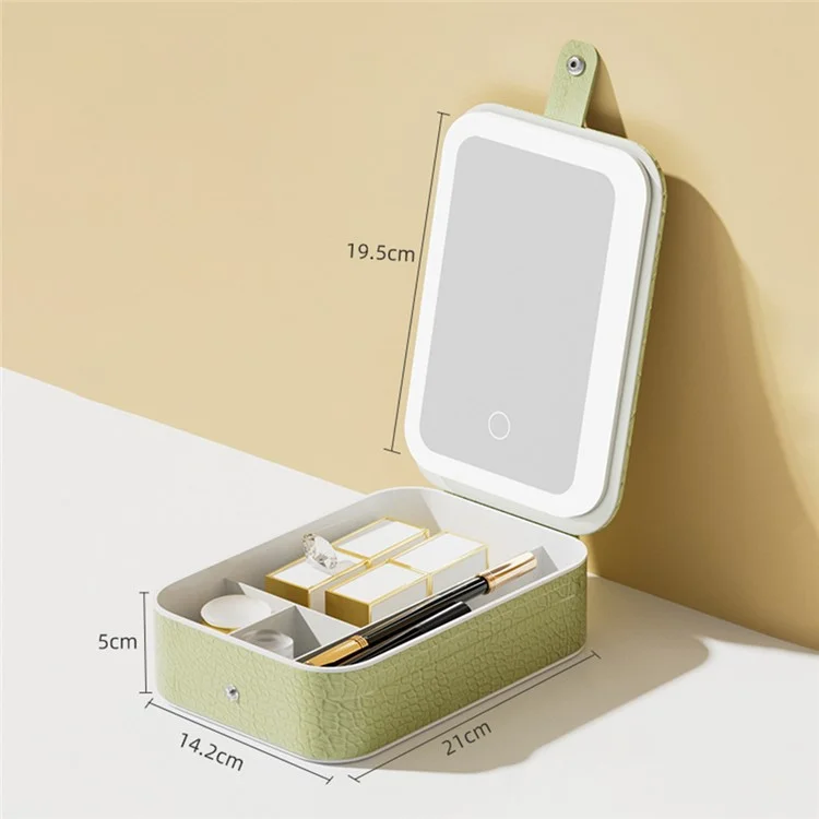 Espejo de maquillaje LED con caja de almacenamiento, organizador de tocador de escritorio, espejo cosmético portátil, L - Verde