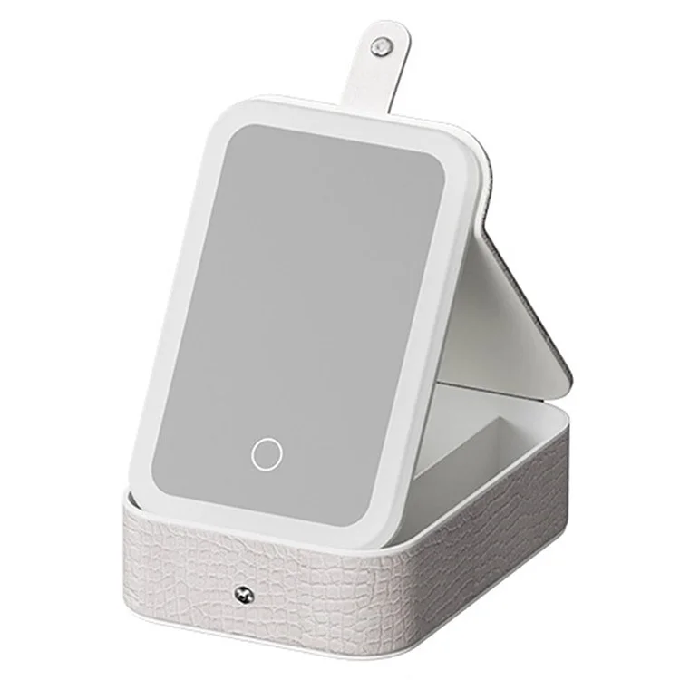 LED Makeup Mirror with Storage Box Desktop Vanity Organizer Portable Cosmetic Mirror, L - White