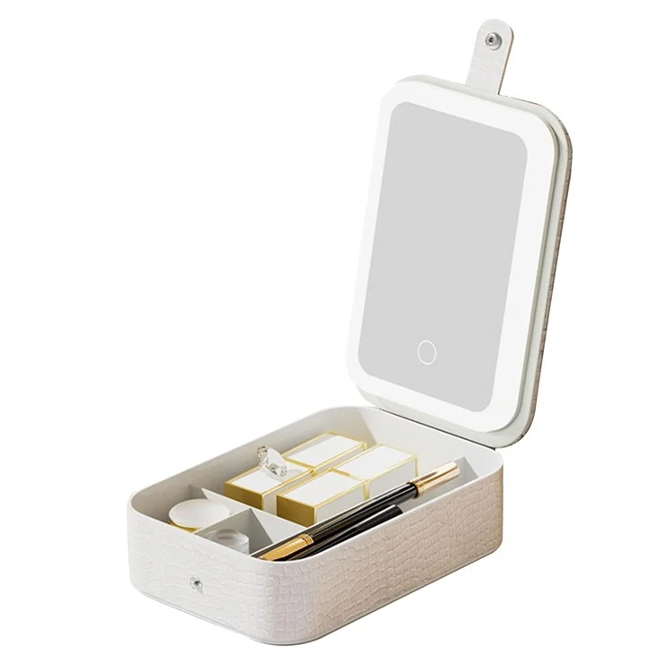 LED Makeup Mirror with Storage Box Desktop Vanity Organizer Portable Cosmetic Mirror, L - White