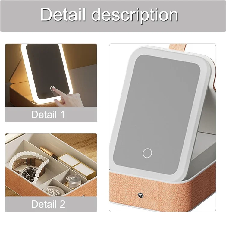 LED Makeup Mirror with Storage Box Desktop Vanity Organizer Portable Cosmetic Mirror, L - White