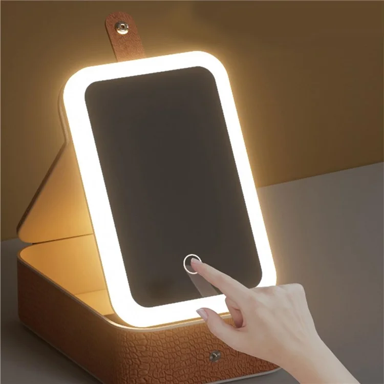 LED Makeup Mirror with Storage Box Desktop Vanity Organizer Portable Cosmetic Mirror, L - White