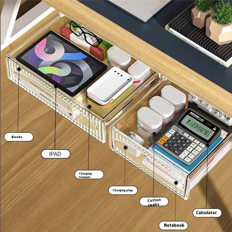 Under Desk Drawer Hidden PET Storage Box Pull Out Hanging Organizer Size L - Black
