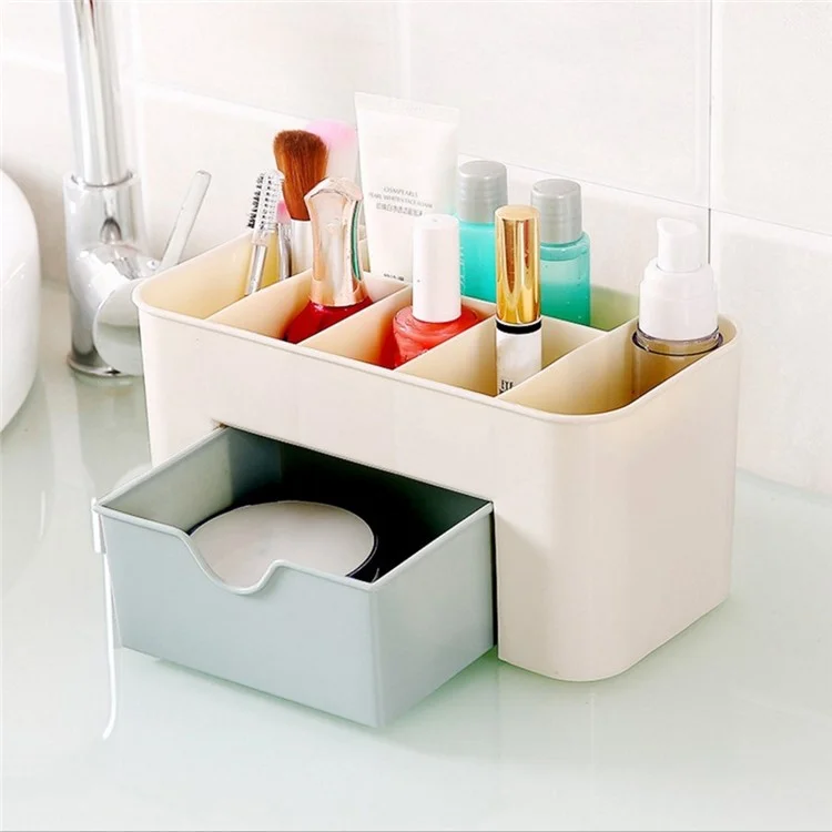 Desenho de gaveta Caixa de armazenamento de cosméticos Organizador de mesa de plástico para joias, maquiagem, pincéis e batom - Azul