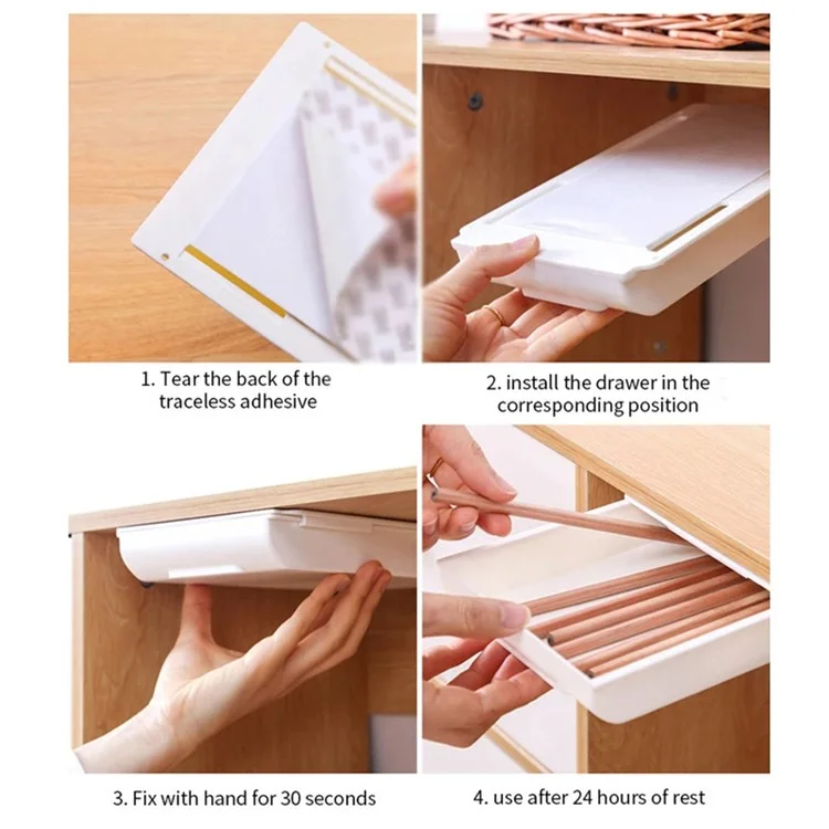 Under Desk Drawer Organizer Hidden Self-Adhesive Space Saving ABS Storage Box Size XL - White