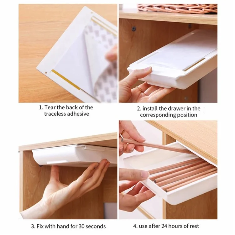 Cassetto organizzatore per scrivania Nascondi Spazio Salva Scatola di Stoccaggio ABS Autoadesivo Dimensione L - Bianco