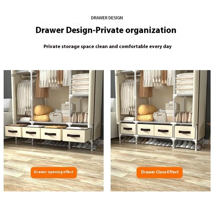 150 x 45 x 170cm Simple Wardrobe Assembly Non-Woven Fabric Clothes Cabinet with 4 Drawers - Beige