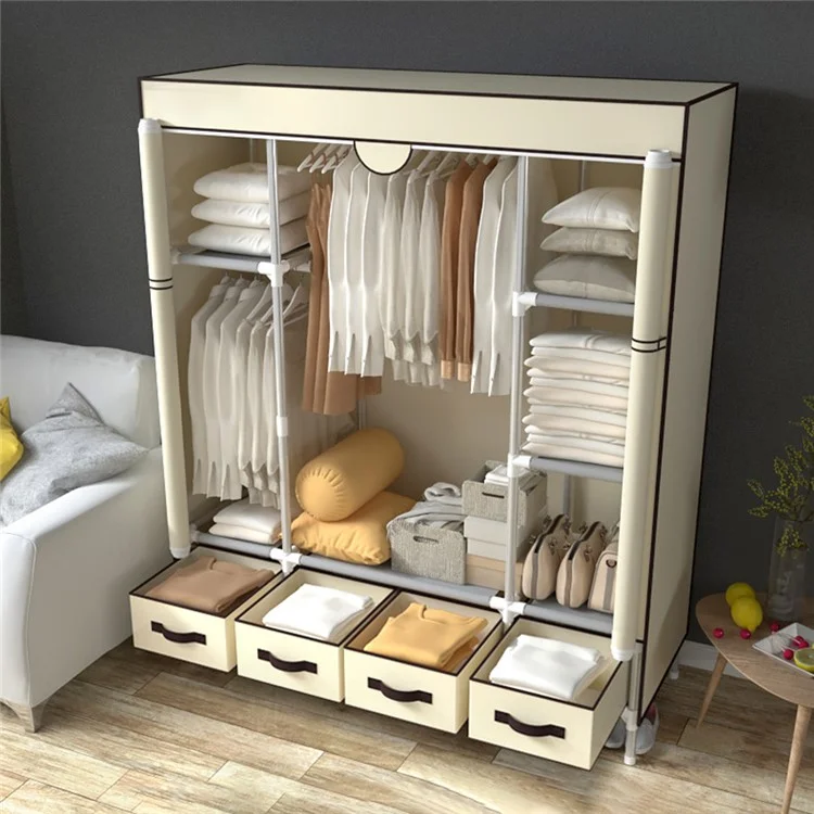 150 x 45 x 170cm Simple Wardrobe Assembly Non-Woven Fabric Clothes Cabinet with 4 Drawers - Beige