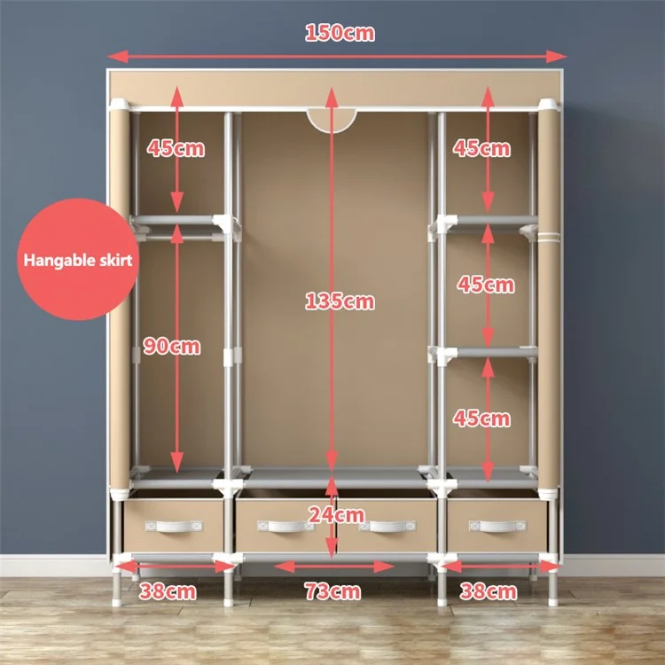 150 x 45 x 170cm Simple Wardrobe Assembly Non-Woven Fabric Clothes Cabinet with 4 Drawers - Beige