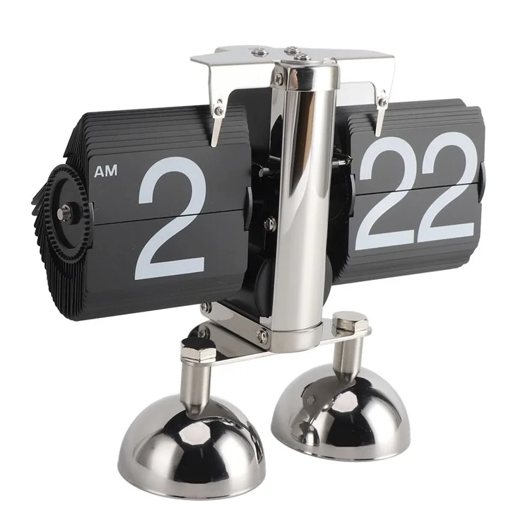 Relógio de mesa retrô automático com giro simples, relógio de sala de estar doméstica, movimento de quartzo em aço inoxidável com dois pés - Preto