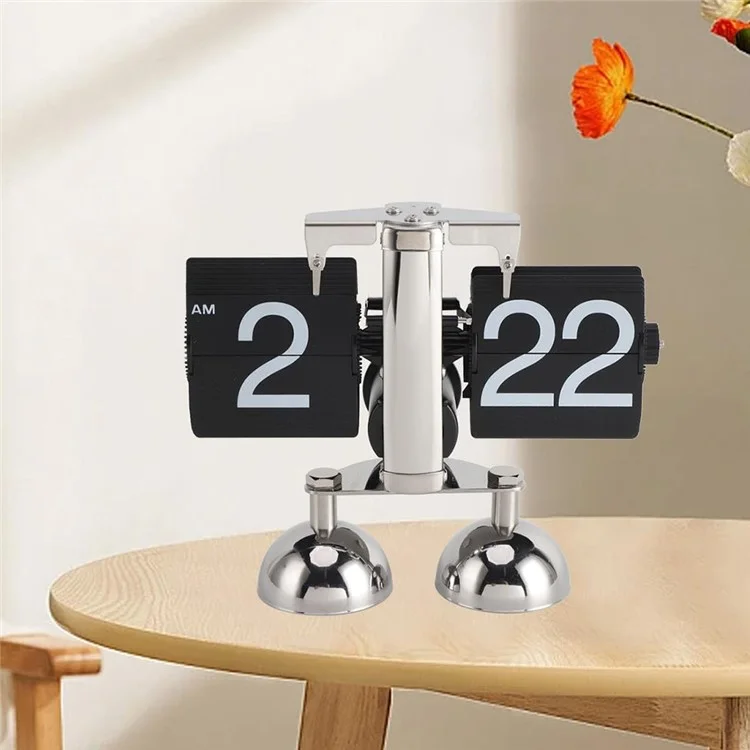 Relógio de mesa retrô automático com giro simples, relógio de sala de estar doméstica, movimento de quartzo em aço inoxidável com dois pés - Preto