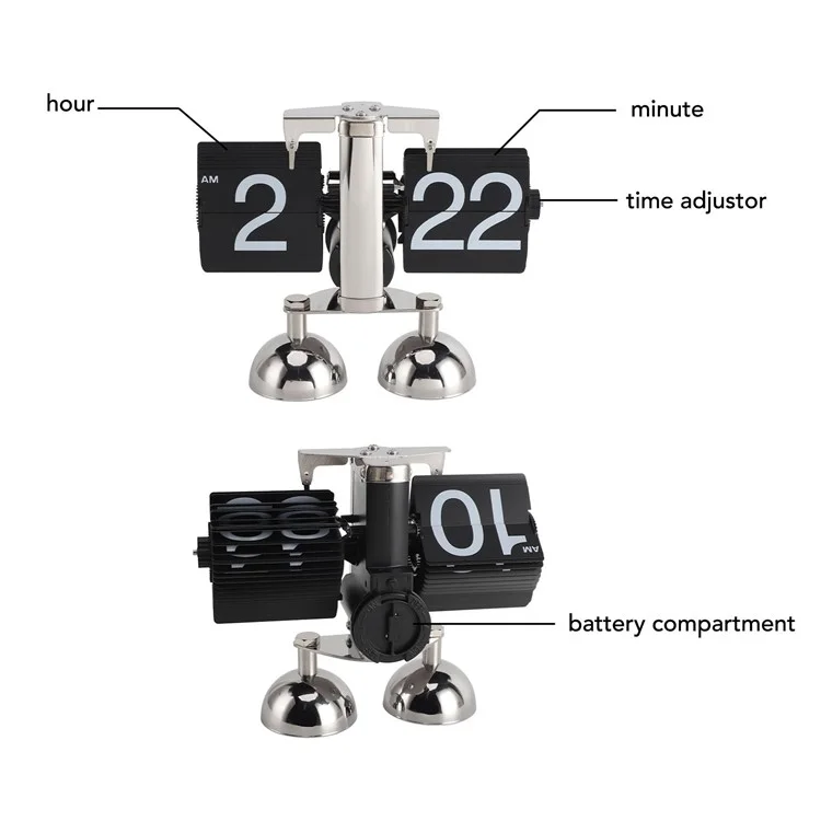 Relógio de mesa retrô automático com giro simples, relógio de sala de estar doméstica, movimento de quartzo em aço inoxidável com dois pés - Preto