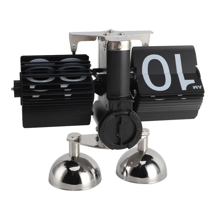 Relógio de mesa retrô automático com giro simples, relógio de sala de estar doméstica, movimento de quartzo em aço inoxidável com dois pés - Preto