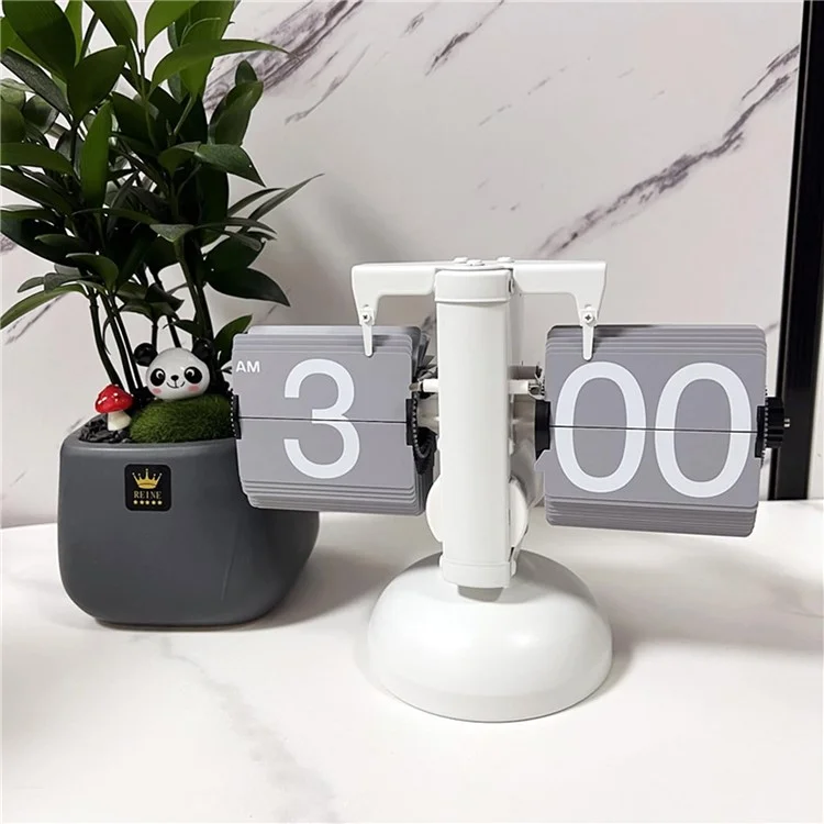 Reloj de mesa retro de volteo automático, simple y elegante para el hogar y la sala de estar. Equilibrio de una sola pata, mecanismo de cambio de página - Blanco / Gris