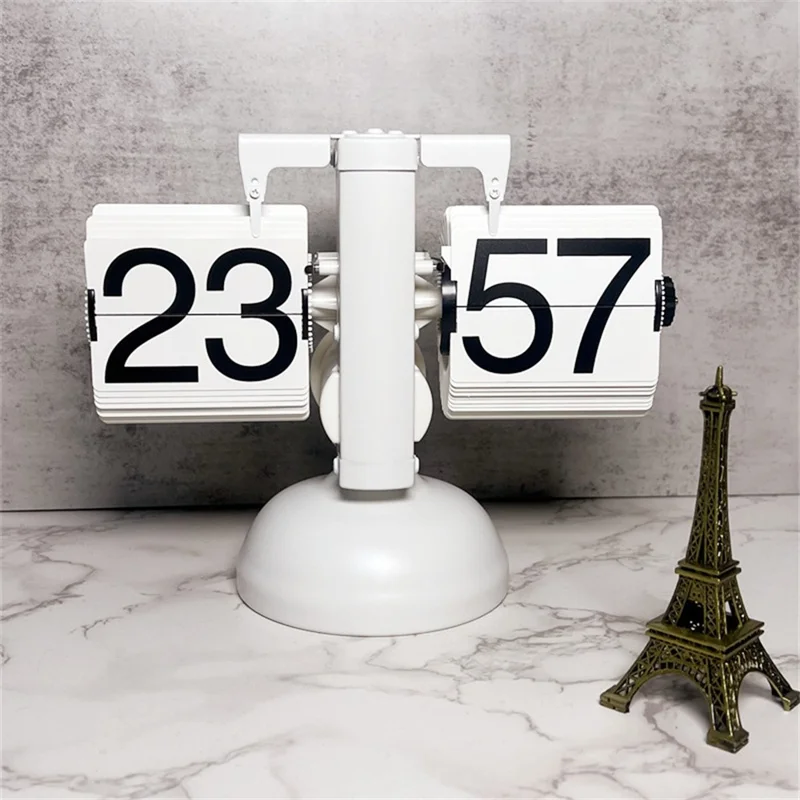 Retro Automatic Flipping Clock Balance Mechanical Flip Over Quartz Table Clock for Living Room - White