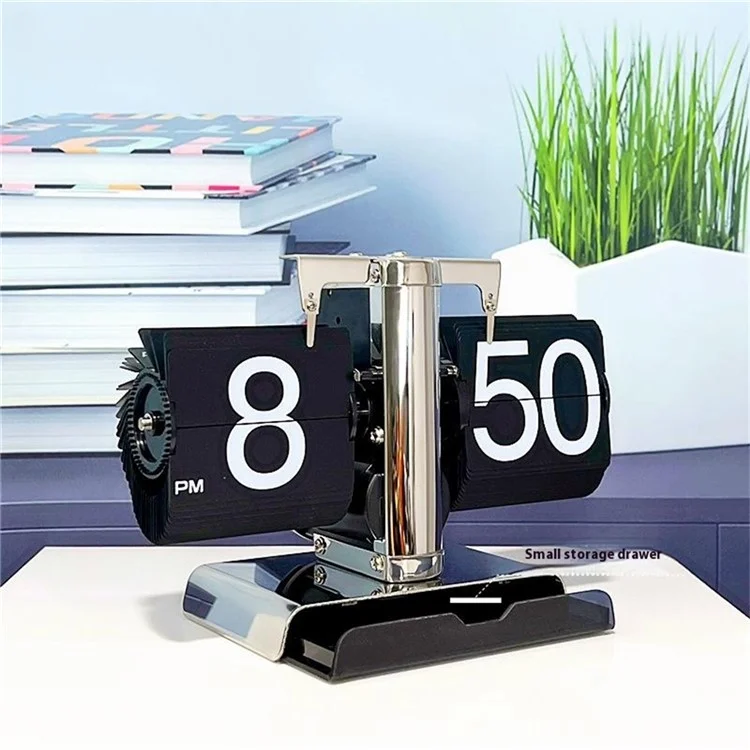 Reloj de mesa de estilo vintage con cajón de almacenamiento y balancín mecánico, se pliega automáticamente para la sala de estar.