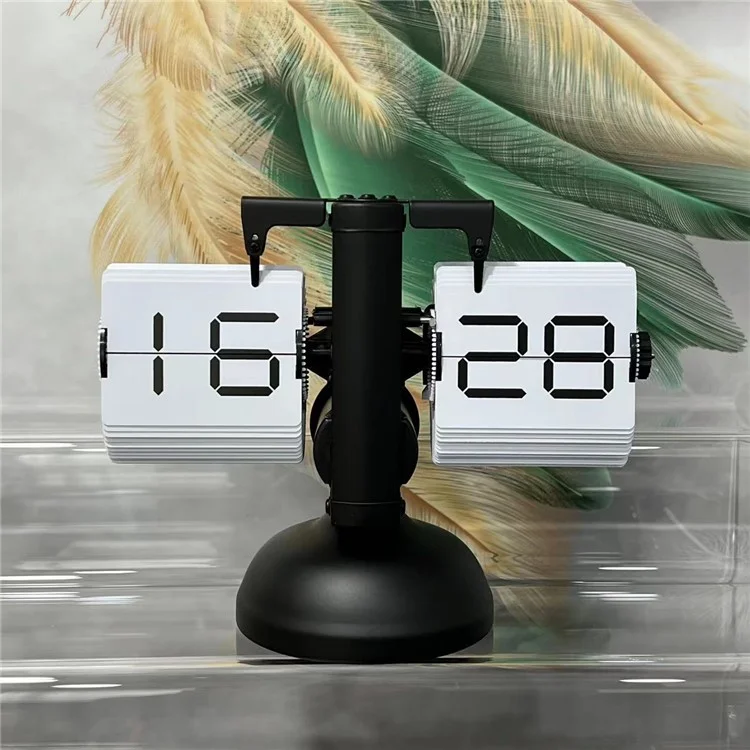 Relógio de mesa digital retrô com virador automático, movimento de quartzo, pé único, aço inoxidável, visor de 24 horas, fonte digital branca.