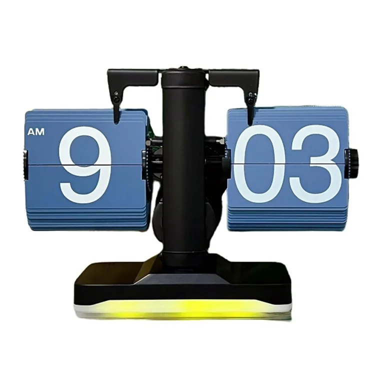Relógio de mesa retrô de virada automática simples para casa Relógio de mesa único com pé de aço inoxidável, movimento de quartzo e luz noturna - Preto / Azul