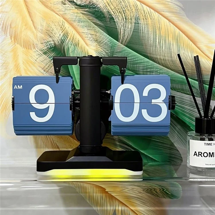 Relógio de mesa retrô de virada automática simples para casa Relógio de mesa único com pé de aço inoxidável, movimento de quartzo e luz noturna - Preto / Azul