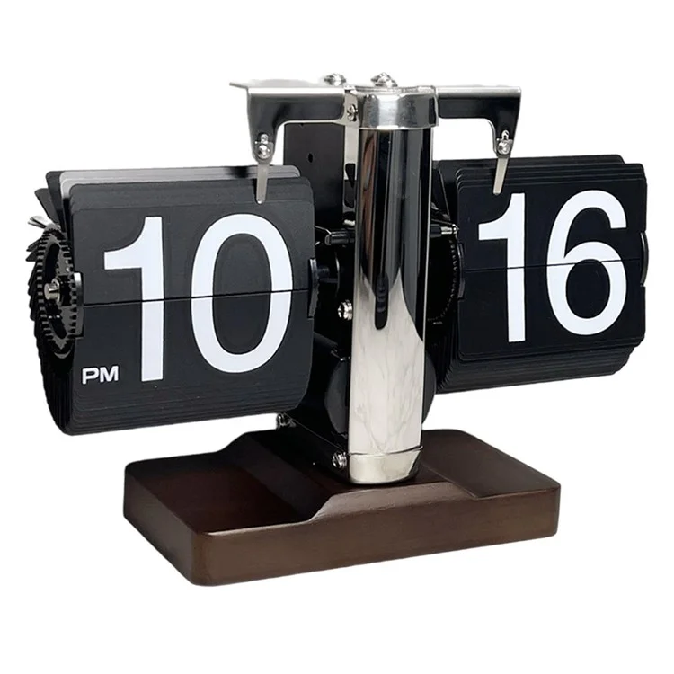 Horloge de table rétro à retournement automatique Pendule mécanique à bascule pour le salon avec base carrée en noyer - Noir
