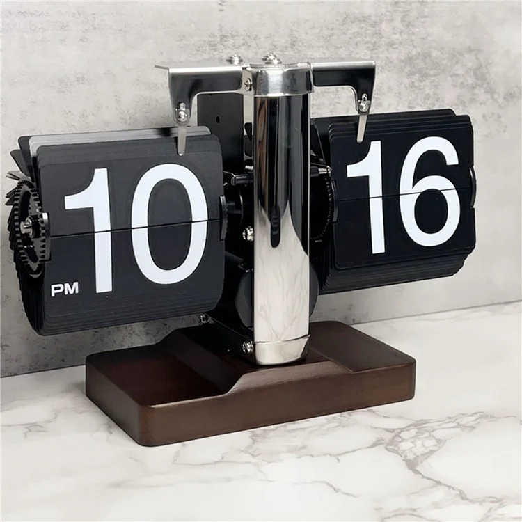 Horloge de table rétro à retournement automatique Pendule mécanique à bascule pour le salon avec base carrée en noyer - Noir