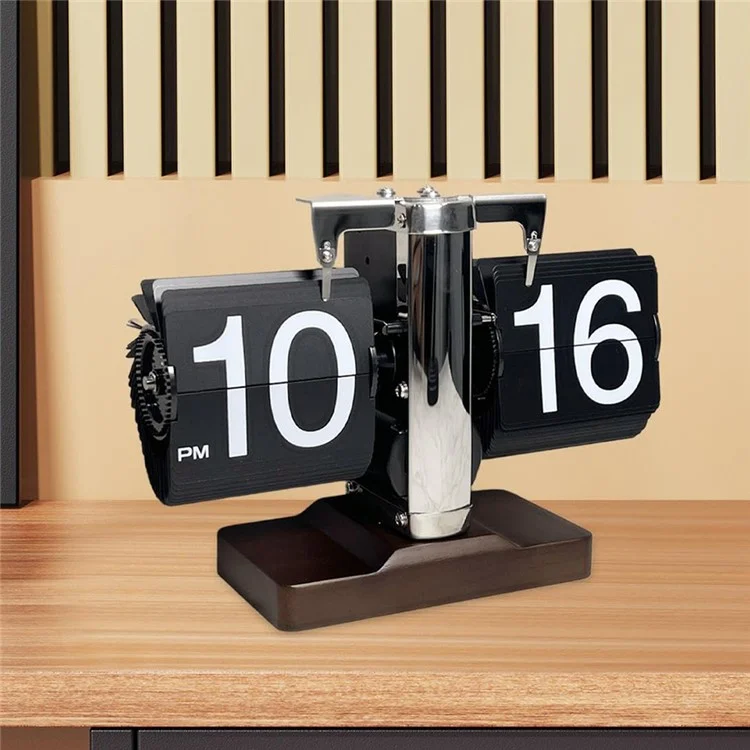 Horloge de table rétro à retournement automatique Pendule mécanique à bascule pour le salon avec base carrée en noyer - Noir