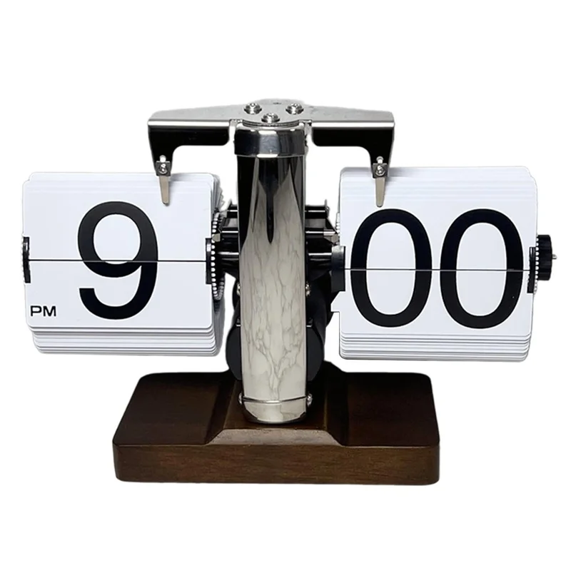 Auto Flip Clock Retro Table Clock Living Room Balance Mechanical Flip Clock with Walnut Square Base - White