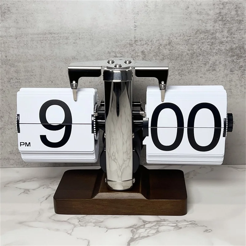Auto Flip Clock Retro Table Clock Living Room Balance Mechanical Flip Clock with Walnut Square Base - White