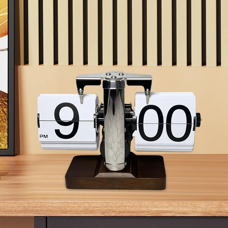 Auto Flip Clock Retro Table Clock Living Room Balance Mechanical Flip Clock with Walnut Square Base - White