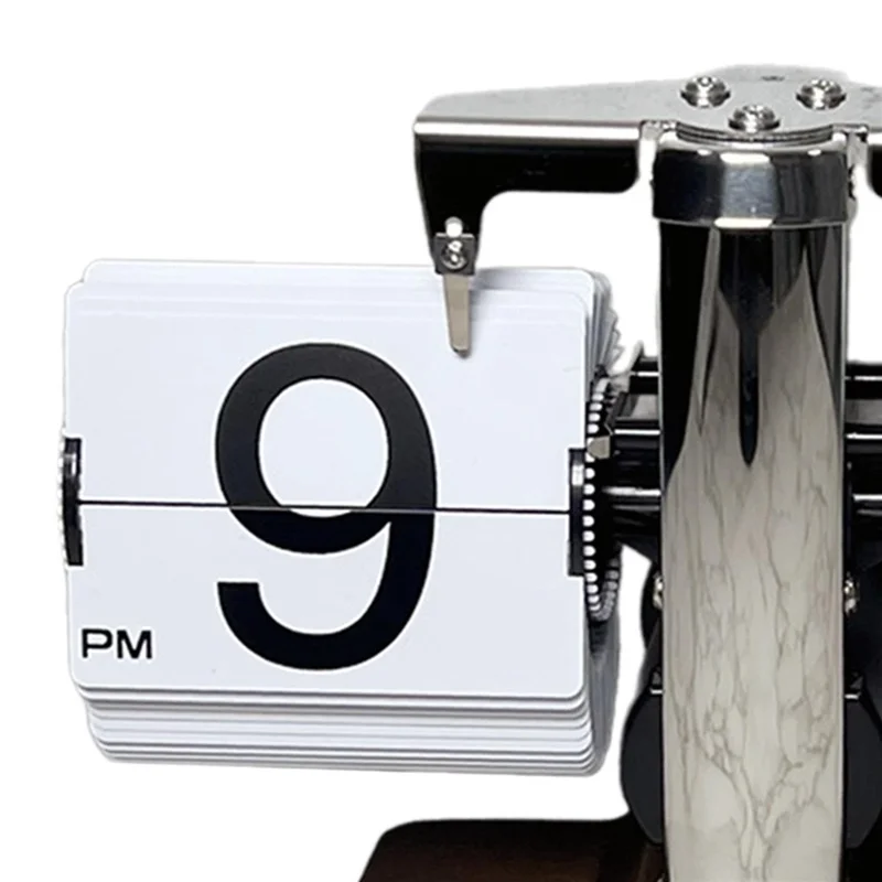 Auto Flip Clock Retro Table Clock Living Room Balance Mechanical Flip Clock with Walnut Square Base - White
