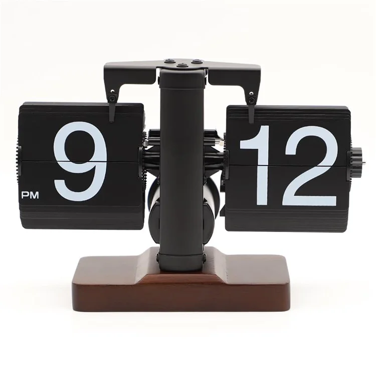 Reloj de voltereta automático retro sencillo Reloj de mesa para el hogar Movimiento de cuarzo de acero inoxidable de un solo pie Reloj de voltereta con base cuadrada de nogal - Negro