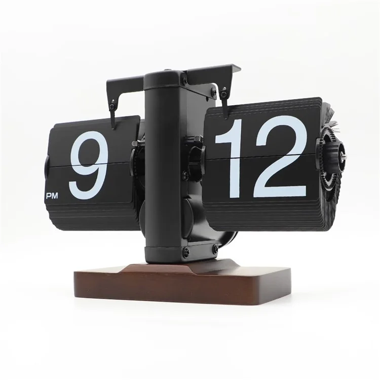 Reloj de voltereta automático retro sencillo Reloj de mesa para el hogar Movimiento de cuarzo de acero inoxidable de un solo pie Reloj de voltereta con base cuadrada de nogal - Negro