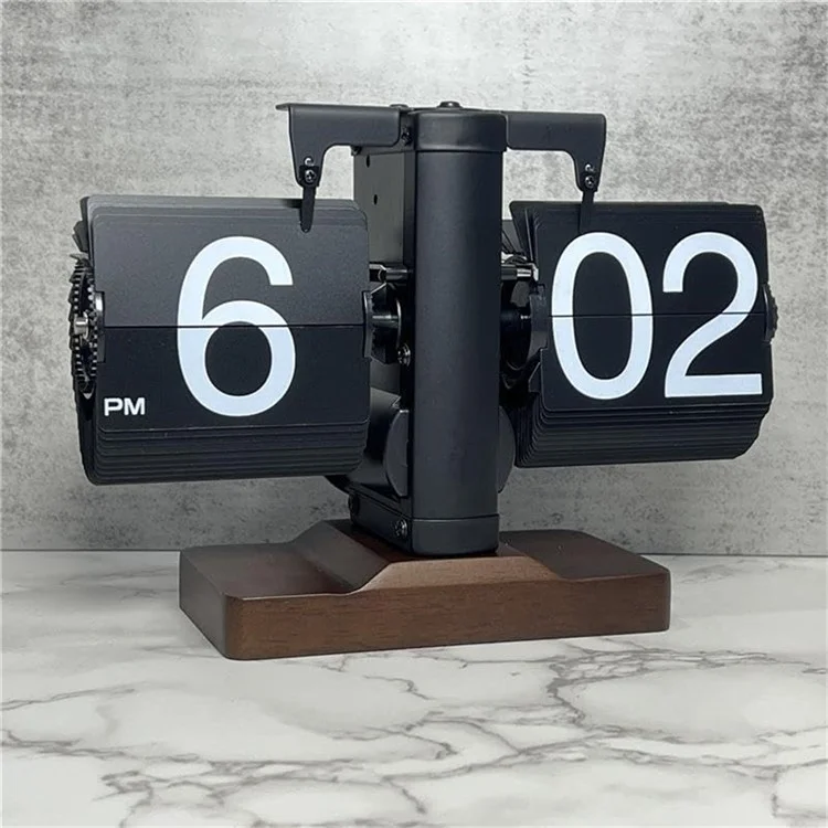 Reloj de voltereta automático retro sencillo Reloj de mesa para el hogar Movimiento de cuarzo de acero inoxidable de un solo pie Reloj de voltereta con base cuadrada de nogal - Negro