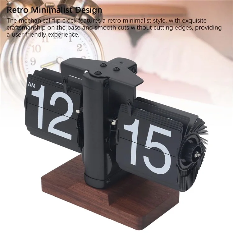 Reloj de voltereta automático retro sencillo Reloj de mesa para el hogar Movimiento de cuarzo de acero inoxidable de un solo pie Reloj de voltereta con base cuadrada de nogal - Negro