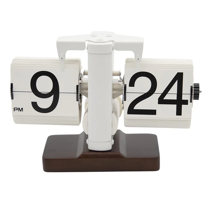 Automatic Flip Clock Retro Simple Home Table Clock Single Foot Stainless Steel Quartz Movement Flip Clock Walnut Square Base - White