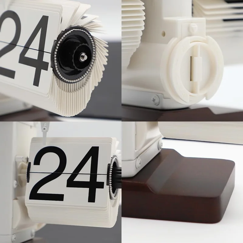 Automatic Flip Clock Retro Simple Home Table Clock Single Foot Stainless Steel Quartz Movement Flip Clock Walnut Square Base - White