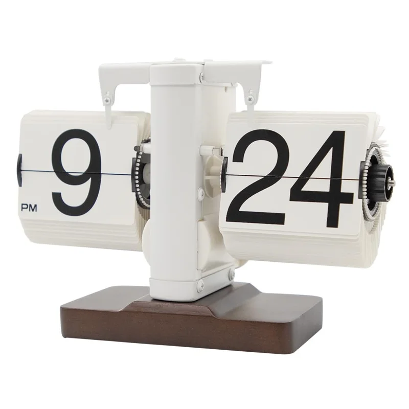 Automatic Flip Clock Retro Simple Home Table Clock Single Foot Stainless Steel Quartz Movement Flip Clock Walnut Square Base - White
