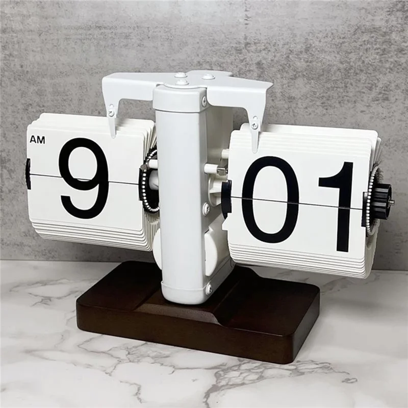 Automatic Flip Clock Retro Simple Home Table Clock Single Foot Stainless Steel Quartz Movement Flip Clock Walnut Square Base - White