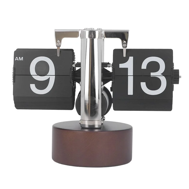 Reloj despertador automático con volteo retro, sencillo, de mesa para el hogar, con un solo pie, movimiento de cuarzo de acero inoxidable, reloj con volteo, base redonda de nogal - Negro