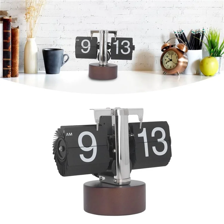 Reloj despertador automático con volteo retro, sencillo, de mesa para el hogar, con un solo pie, movimiento de cuarzo de acero inoxidable, reloj con volteo, base redonda de nogal - Negro