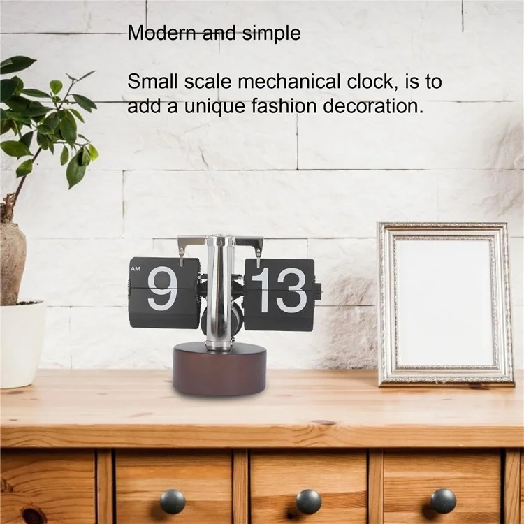 Reloj despertador automático con volteo retro, sencillo, de mesa para el hogar, con un solo pie, movimiento de cuarzo de acero inoxidable, reloj con volteo, base redonda de nogal - Negro