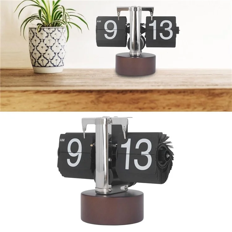 Reloj despertador automático con volteo retro, sencillo, de mesa para el hogar, con un solo pie, movimiento de cuarzo de acero inoxidable, reloj con volteo, base redonda de nogal - Negro