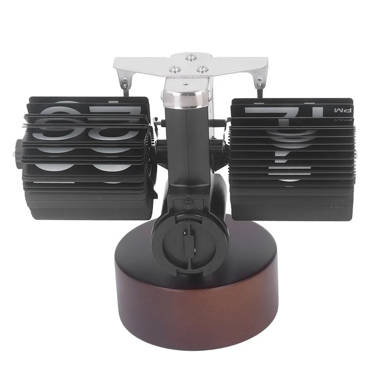 Reloj despertador automático con volteo retro, sencillo, de mesa para el hogar, con un solo pie, movimiento de cuarzo de acero inoxidable, reloj con volteo, base redonda de nogal - Negro