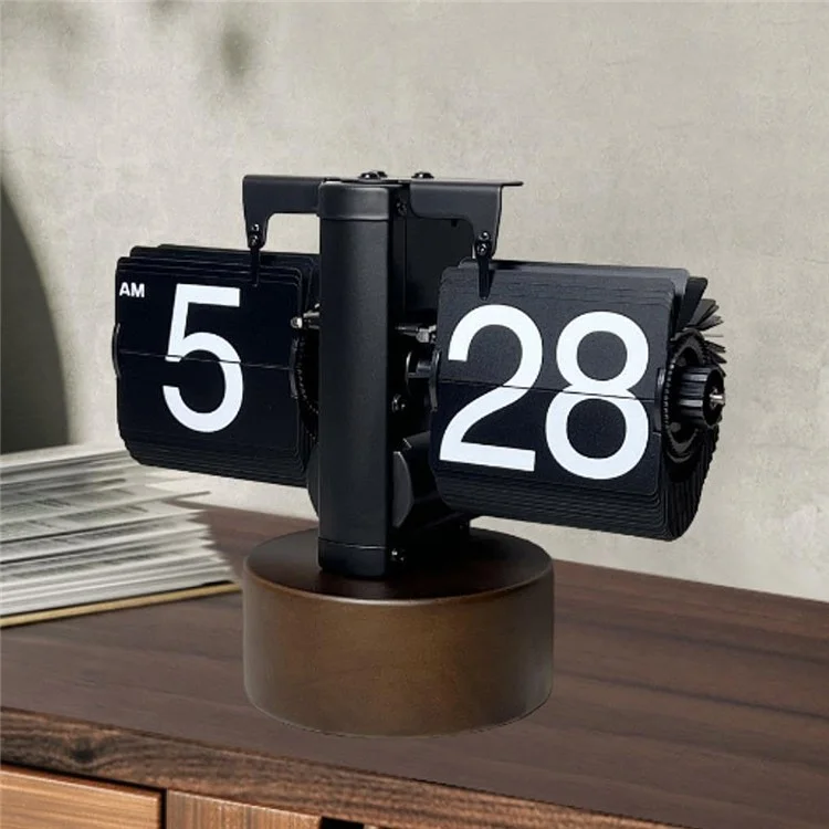 Relógio de mesa retrô com visor flip e base redonda de nogueira para equilíbrio em casa - Preto