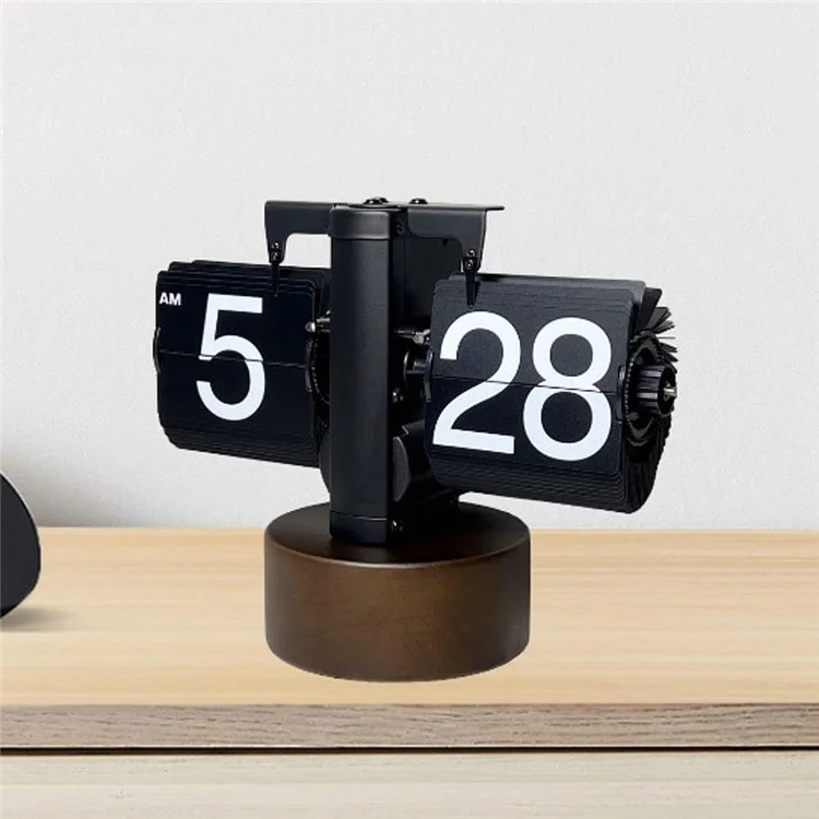 Relógio de mesa retrô com visor flip e base redonda de nogueira para equilíbrio em casa - Preto