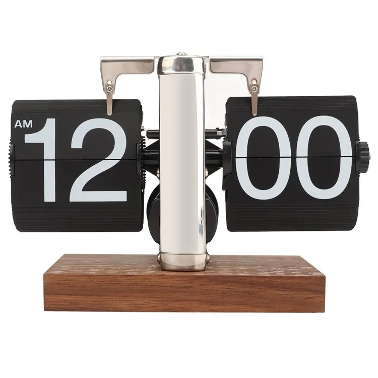 Relógio de mesa retrô com virador automático simples Relógio de mesa com pé único em aço inoxidável com movimento de quartzo Relógio de virador quadrado com base de nogueira - Estilo de 12 horas