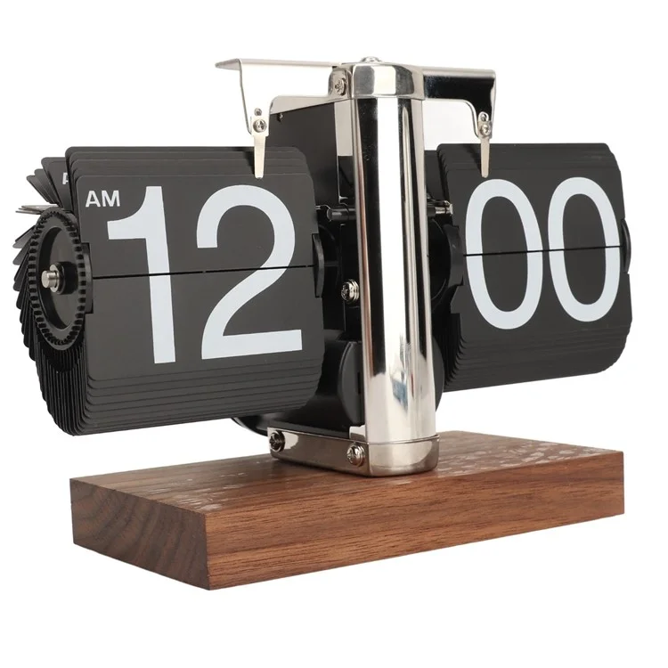 Relógio de mesa retrô com virador automático simples Relógio de mesa com pé único em aço inoxidável com movimento de quartzo Relógio de virador quadrado com base de nogueira - Estilo de 12 horas