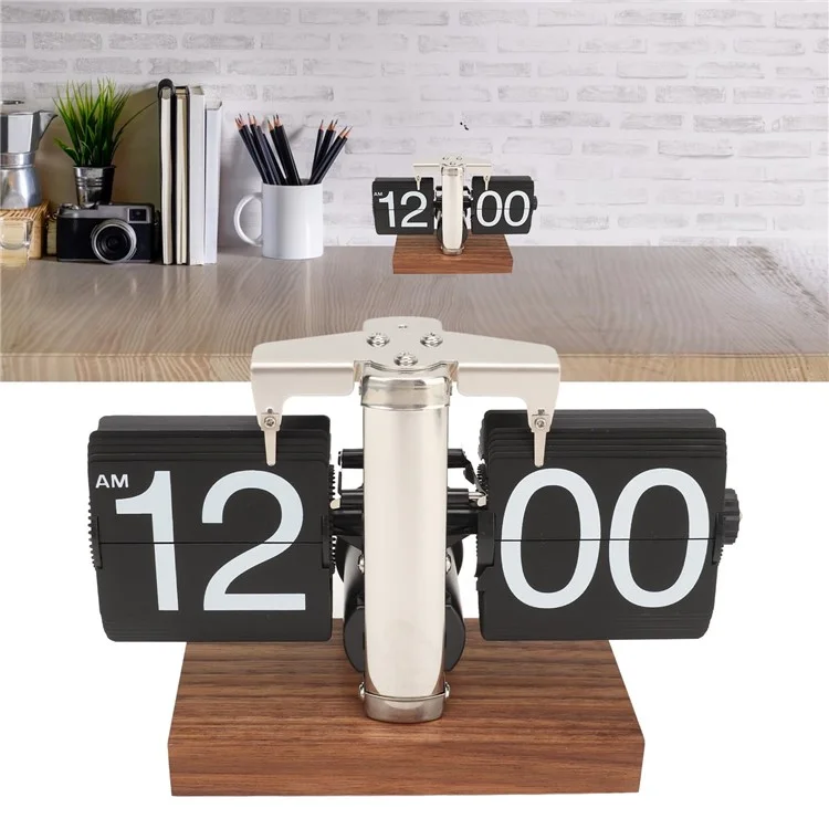 Relógio de mesa retrô com virador automático simples Relógio de mesa com pé único em aço inoxidável com movimento de quartzo Relógio de virador quadrado com base de nogueira - Estilo de 12 horas